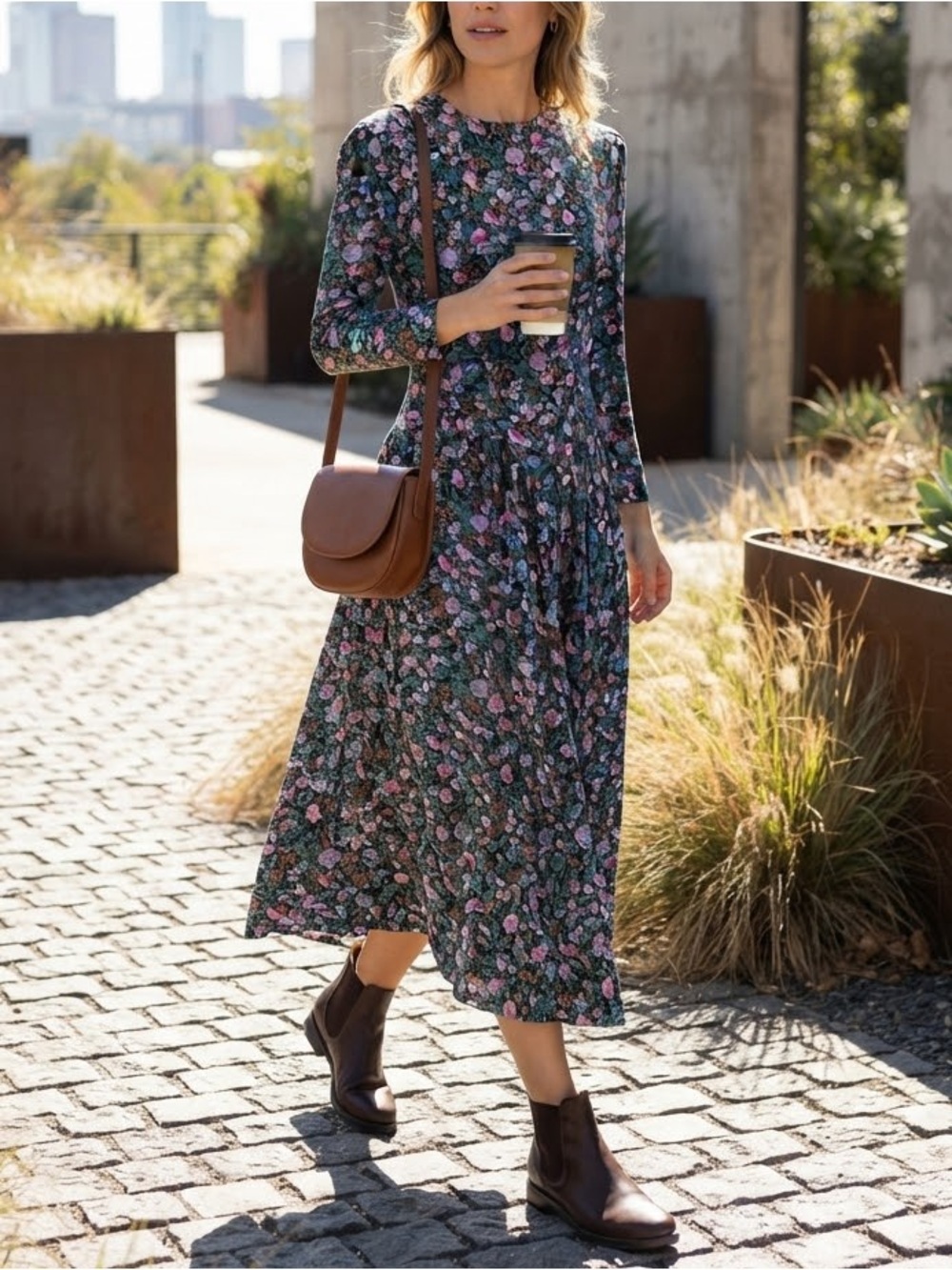 Vintage 90’s Midi Dress Floral Print Long Sleeve Women’s Size Small